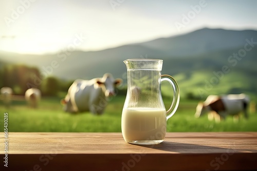 Glass pitcher with fresh milk on a wooden table. photo