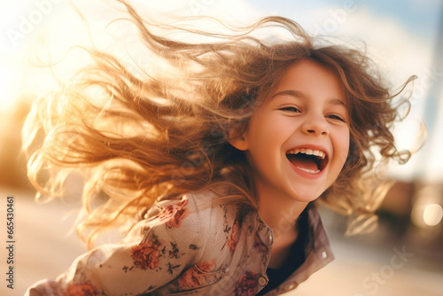 Curly little girl with hair flying in the wind. Freedom, healthy, lifestyle concept.