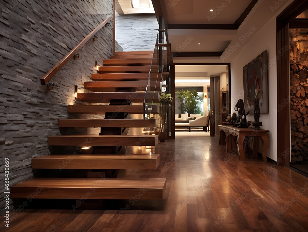 Rustic hallway featuring a wooden staircase, stoneclad wall, and a