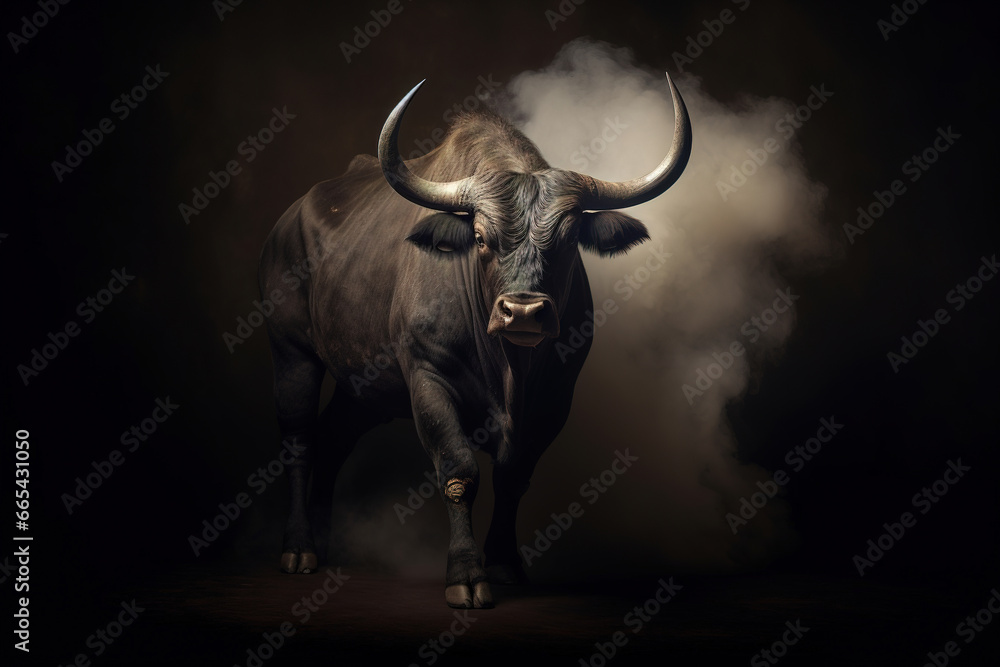 Naklejka premium Black bull running in the clouds of dust, stunning illustration, dark background