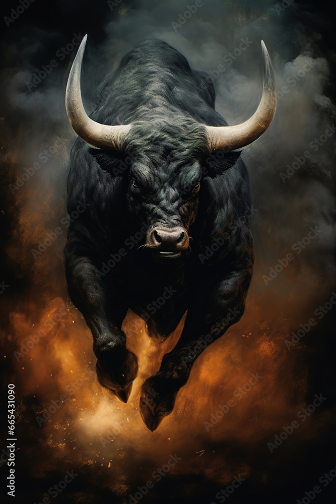 Naklejka premium Black bull running in the clouds of dust, stunning illustration, dark background