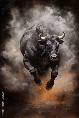 Black bull running in the clouds of dust  stunning illustration  dark background