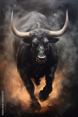 Black bull running in the clouds of dust, stunning illustration, dark background