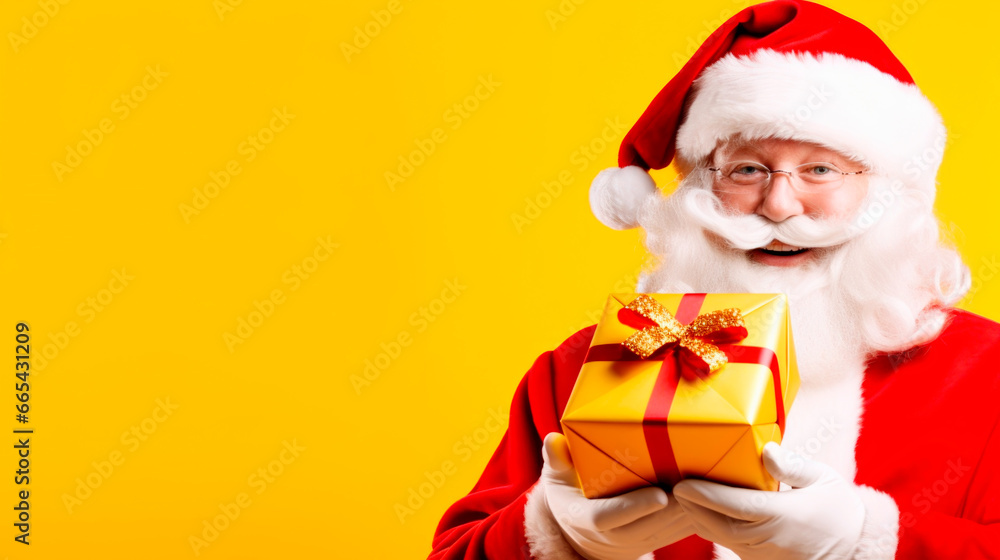 Santa Claus holding handful of Christmas presents and smiling, isolated on yellow colored background. Ai generated