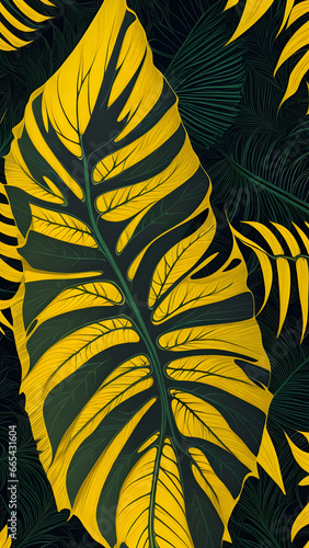 Detailed Monstera Leaf Illustration: Vibrant Yellow Pattern