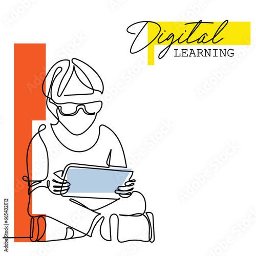 Digital learning line art illustration line art of a preteen kid using tablet. Digital learning concept art. Screen time limitations art. Excessive exposure to blue light. watching Games and cartoon.