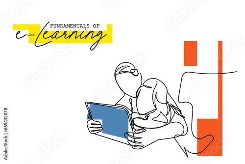 Digital learning line art illustration line art of a preteen kid using tablet. Digital learning concept art. Screen time limitations art. Excessive exposure to blue light. watching Games and cartoon.