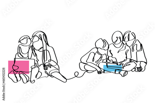  line art vector of students in group Online learning. Digital learning. Virtual classes. Learning fun way. online study illustration