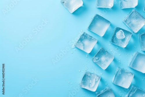 Cubes of ice and drops are isolated on the blue background with empty space.