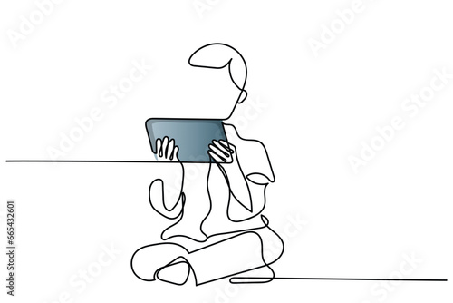  line art of a little boys and girls holding tablet in front of its face. Concept art of excessive usage of tablets and screens in kids. Digital learning art. Online learning and entertainment concept