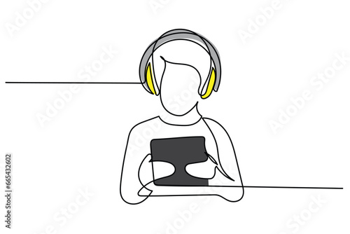  line art of a little boys and girls holding tablet in front of its face. Concept art of excessive usage of tablets and screens in kids. Digital learning art. Online learning and entertainment concept