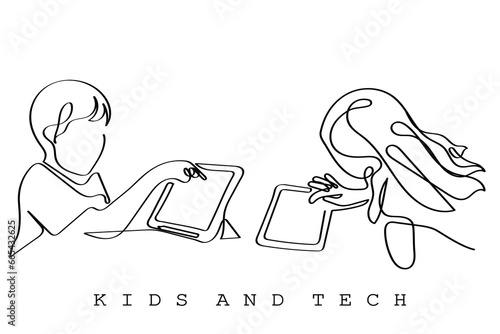line art of a toddler watching cartoons on screen. Tablets and pads usage in little kids. technology addiction in kid
