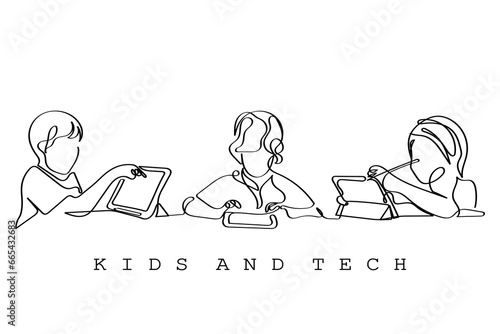  line art of a little boys and girls holding tablet in front of its face. Concept art of excessive usage of tablets and screens in kids. Digital learning art. Online learning and entertainment concept