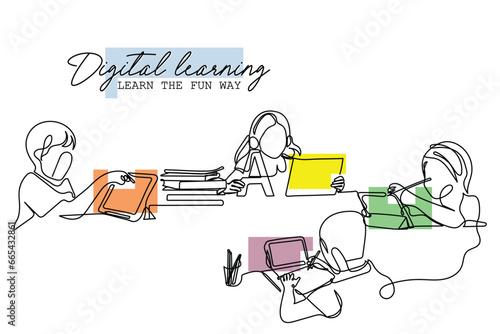 Digital learning line art illustration line art of a preteen kid using tablet. Digital learning concept art. Screen time limitations art. Excessive exposure to blue light. watching Games and cartoon.