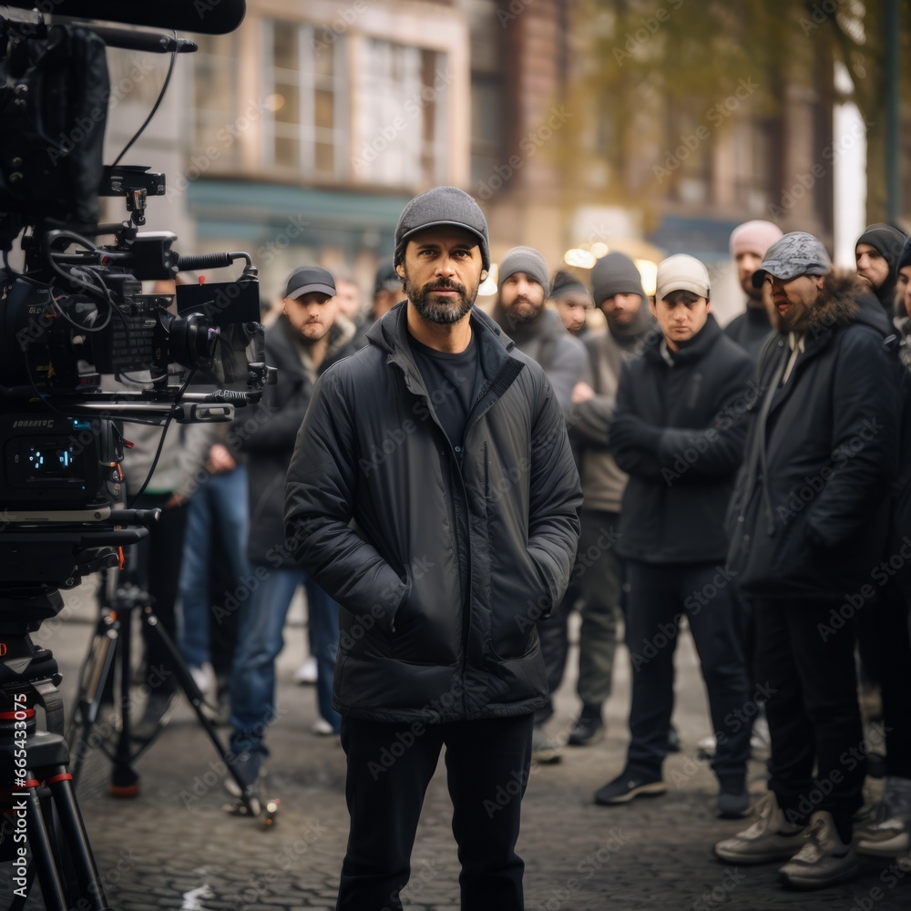 The Talented Film Director and the Entire Cast and Crew Posing for a Behind-the-Scenes Production Photo The Talented Film Director and the Entire Cast and Crew Posing for a Behind-the-Scenes Production Photo