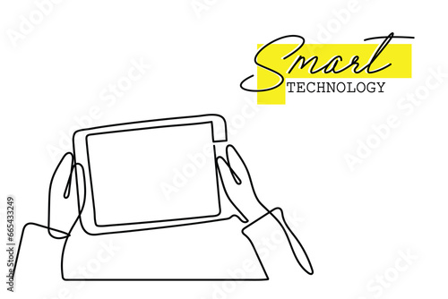  line art of a little boys and girls holding tablet in front of its face. Concept art of excessive usage of tablets and screens in kids. Digital learning art. Online learning and entertainment concept