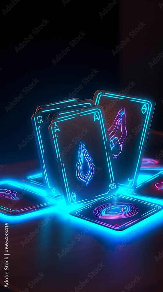 Some playing cards with glowing neon designs on a tablet. Some playing cards with glowing neon designs on a tablet.