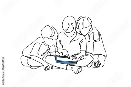 line art of a little girls and boys watching something on tablet. Excessive exposure to blue light. Kids play time concept art. Health risks of early exposure to screen. overuse of smartphones