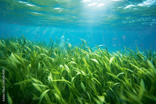 Underwater view of a group of seabed with green seagrass. © Hamidakhanom