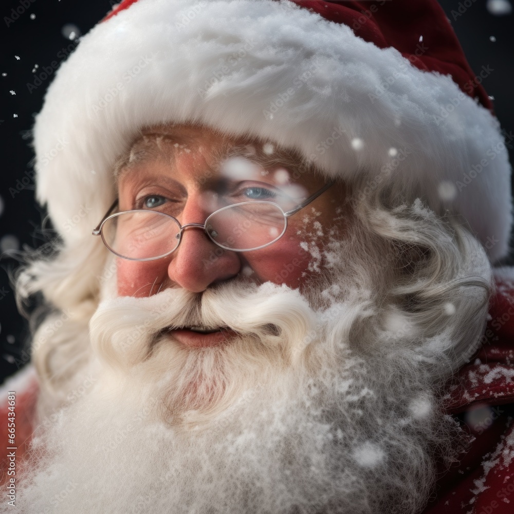 Santa's Winter Portrait: Santa Claus with Glasses in Snowfall, Christmas Holiday Stock Image Santa's Winter Portrait: Santa Claus with Glasses in Snowfall, Christmas Holiday Stock Image