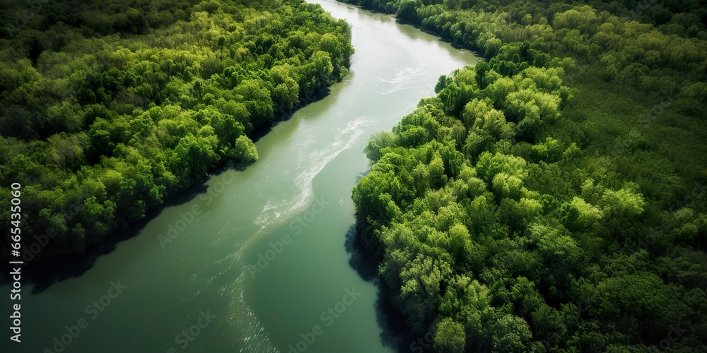 Aerial view of the Amazonas jungle landscape with river bend.