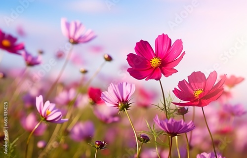 A cosmos flower face to sunrise in field.