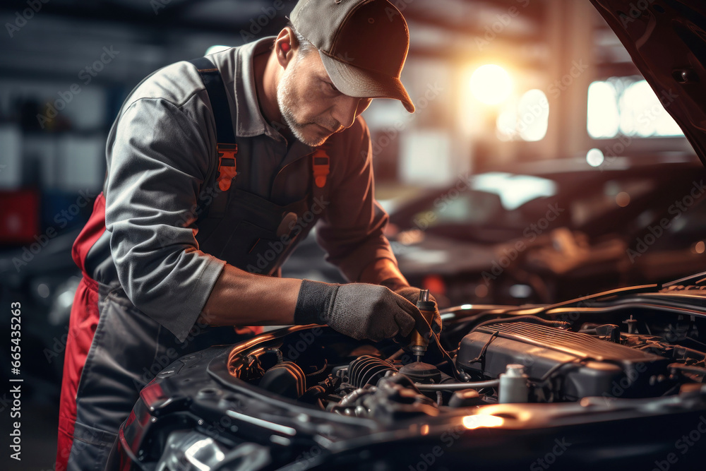 A mechanic in a workshop diagnoses and repairs the engine and car systems. Car repair and diagnostics in the garage. Modern car service. Brutal worker mechanic. A mechanic in a workshop diagnoses and repairs the engine and car systems. Car repair and diagnostics in the garage. Modern car service. Brutal worker mechanic.