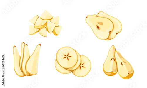 Pear slices set vector illustration. Cartoon isolated cut into fruit cut into wedges and thin pieces, quarter segments and triangles, circles for eating cooking pie and cake, pear dessert decoration