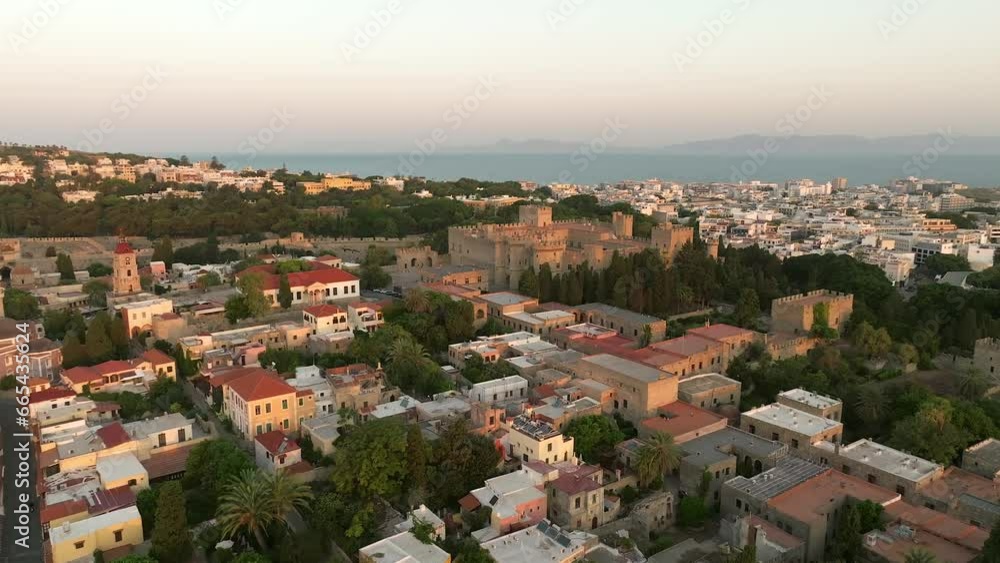 Rhodes old town houses, Mosque of Suleiman and surrounding fortifications at sunrise, Greece, Aerial view
Rhodes old town houses, Mosque of Suleiman and surrounding fortifications at sunrise, Greece, Aerial view
