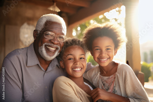 Meeting of grandfather and grandchildren. An elderly dark-skinned man and his grandchildren are happy together. They hug and rejoice at meeting each other. Caring for the elderly.