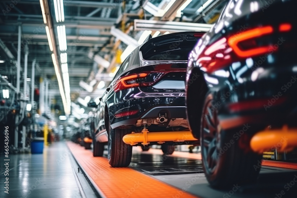 Assembly line for the production of modern cars. The final stage of assembly and testing during production. Quality control. Automated assembly. Modern technologies.