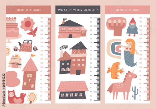 Kid height measurement, centimeter, chart with unicorn, mermaid, rainbow, houses, princess tower, frog, flower, cake. Fairy tale magic fantasy animals objects characters for children