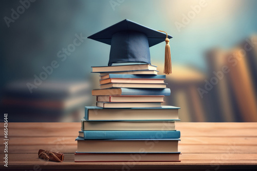 black graduation cap over books