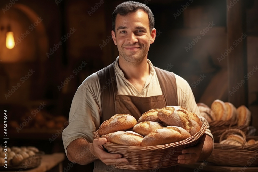 Male baker with a basket of bread. A man works as a baker in a bakery. Private bread production. Small business. Demonstration of fresh bread.