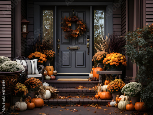 fall autumn wreath on brown front door and autumn decor on front door steps