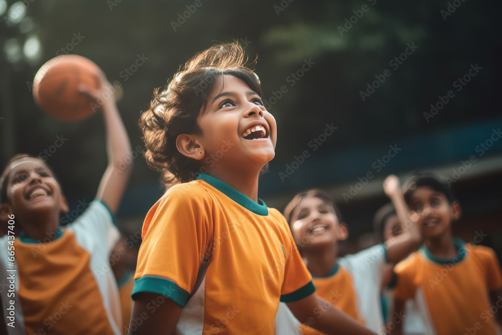 Indian children playing basketball in the stadium Indian children playing basketball in the stadium