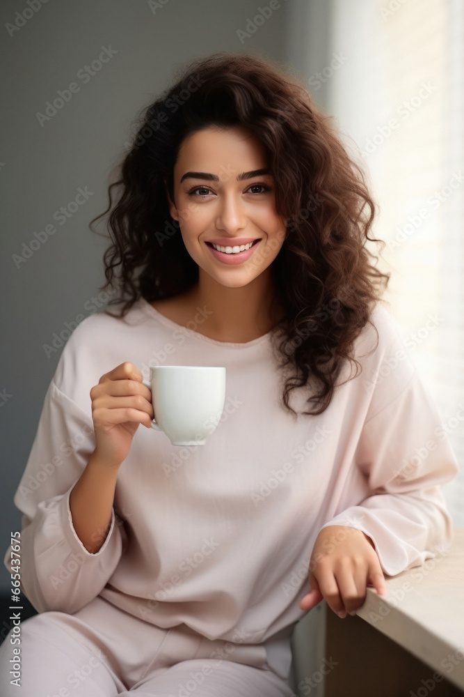 Young Indian woman holding a cup of tea in the morning Young Indian woman holding a cup of tea in the morning