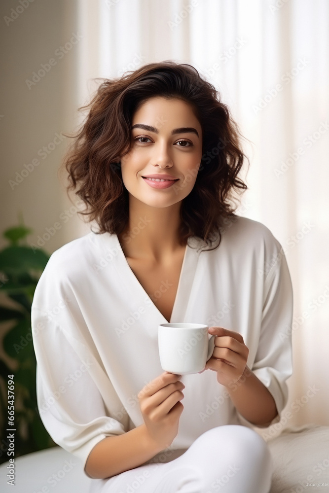 Young Indian woman holding a cup of tea in the morning Young Indian woman holding a cup of tea in the morning