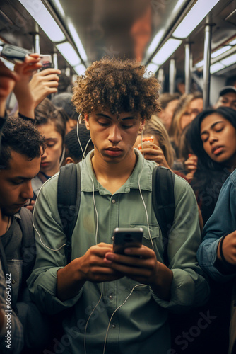 A boy travels on public transport and is completely enraptured by the screen of his smartphone