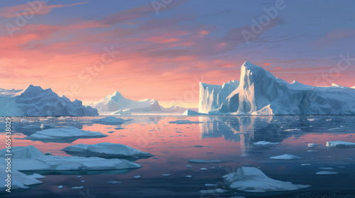 Arctic ice field with floating icebergs. Cold polar landscape.