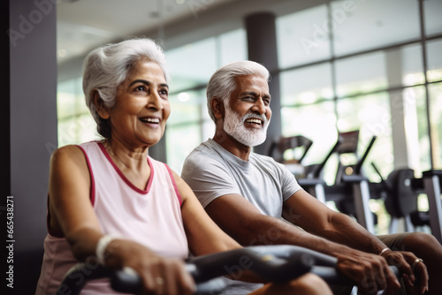 Happy elderly couple exercising in the gym