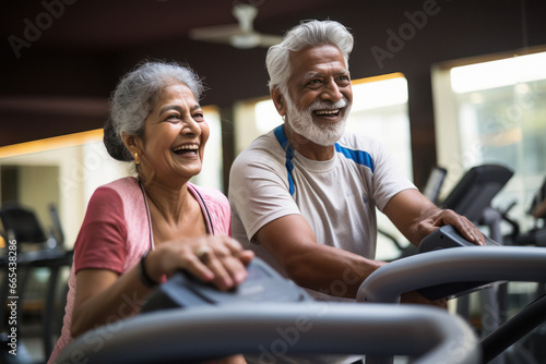 Happy elderly couple exercising in the gym