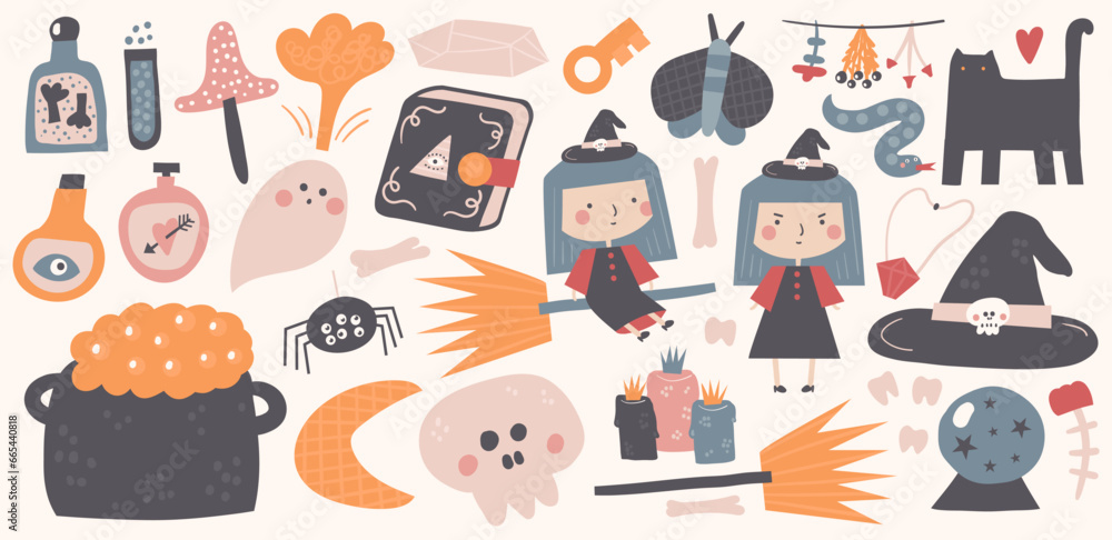 Fairy tale Halloween objects set. Cute hand drawn doodle spooky clip art for kids. Magic items, witch, spell book, black cat, cauldron, ghost, skull, snake, moth, crystal ball, moon, broom, spider. Fairy tale Halloween objects set. Cute hand drawn doodle spooky clip art for kids. Magic items, witch, spell book, black cat, cauldron, ghost, skull, snake, moth, crystal ball, moon, broom, spider.