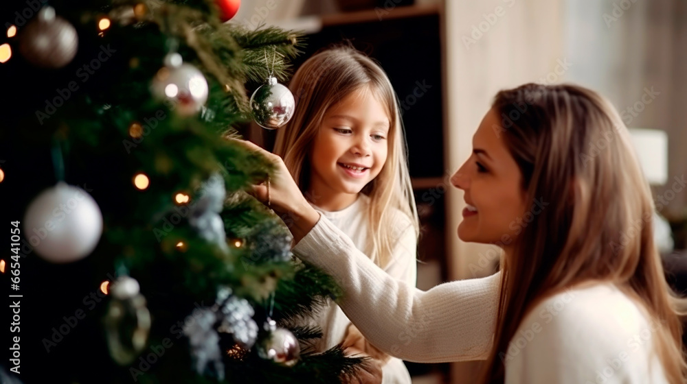 a happy family mother and child pack Christmas gifts at home near the Christmas tree. Ai generated