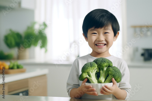 Cute asian child holding broccoli in kitchen at home