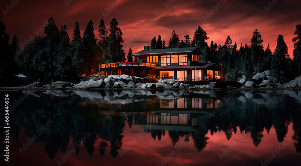 Obraz premium Riverside House During Winter Holidays