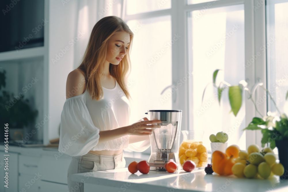 Young woman preparing smoothie or squeezing fruit juice in her kitchen using a blender