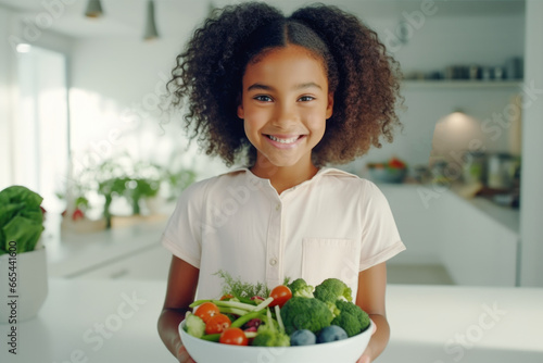 Portrait of a cute African American girl with a plate of vegetables and broccoli in her hands in the kitchen at home