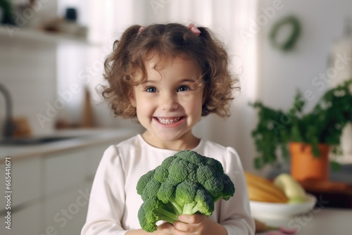 Portrait of a cute child girl with broccoli in her hands in the kitchen at home