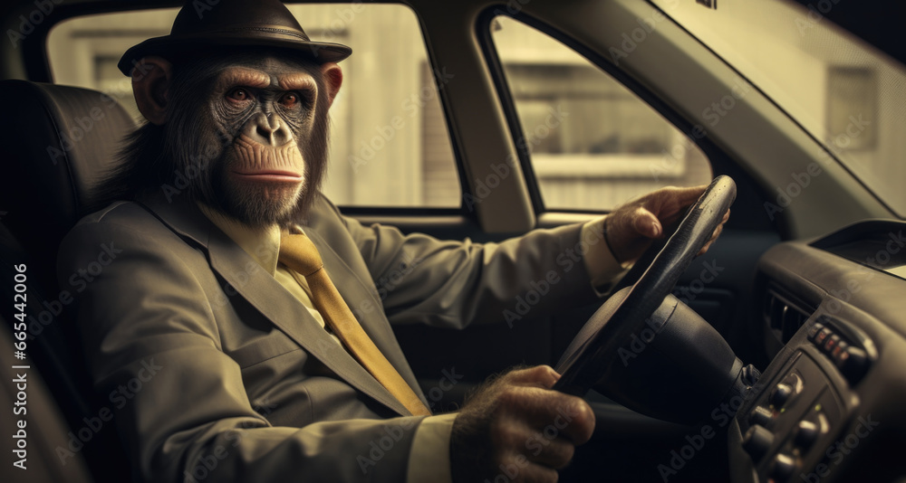 A chimp in a suit and hat driving a car. Generative AI.